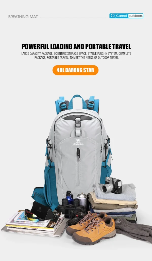 Small hiking backpack with integrated hydration system and storage pockets.